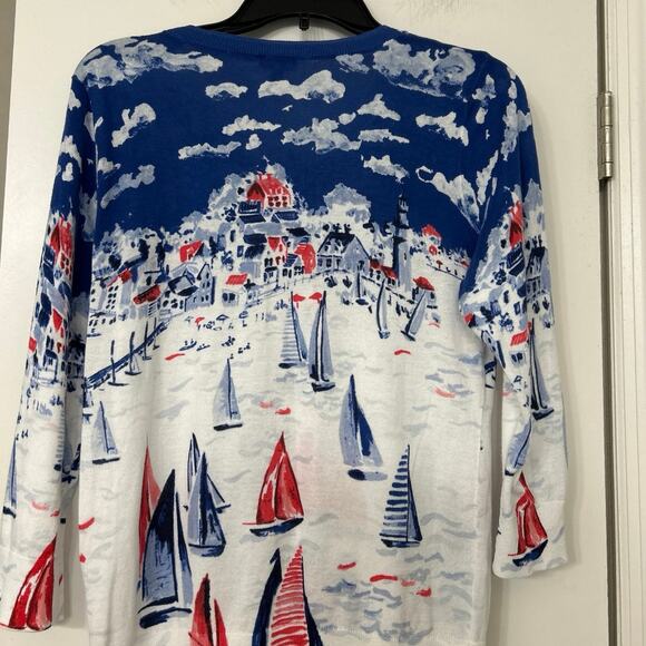 Talbots Nautical Sailboat Regatta Cotton Cardigan Sweater Novelty Resort M - Picture 6 of 9